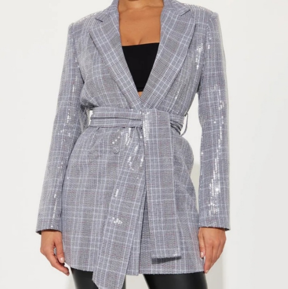 Fashion Nova Silver Plaid Belted Blazer